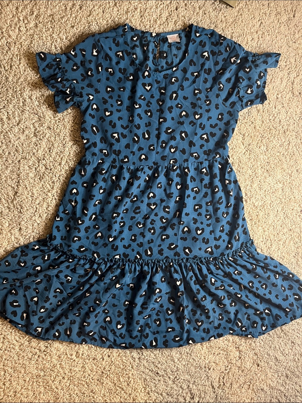 wonder nation Teal Leopard Heart Print Ruffle-Hem Dress
